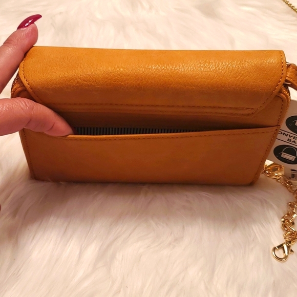 Madison West Crossbody Clutch Wristlet Handbag. Faux Leather Gold Chain Mustard - Picture 4 of 6